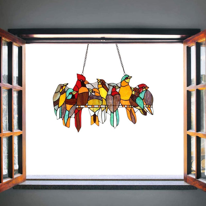 Bieye W10055 Tropical Birds on The Wire Tiffany Style Stained Glass Window Panel Hangings with Chain, 22" W x 13" H - Image 4